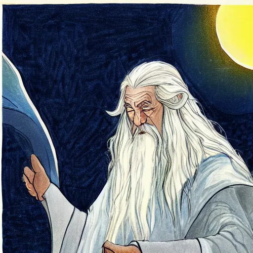 Prompt: Gandalf pondering his orb by Henry Gray, Colourful