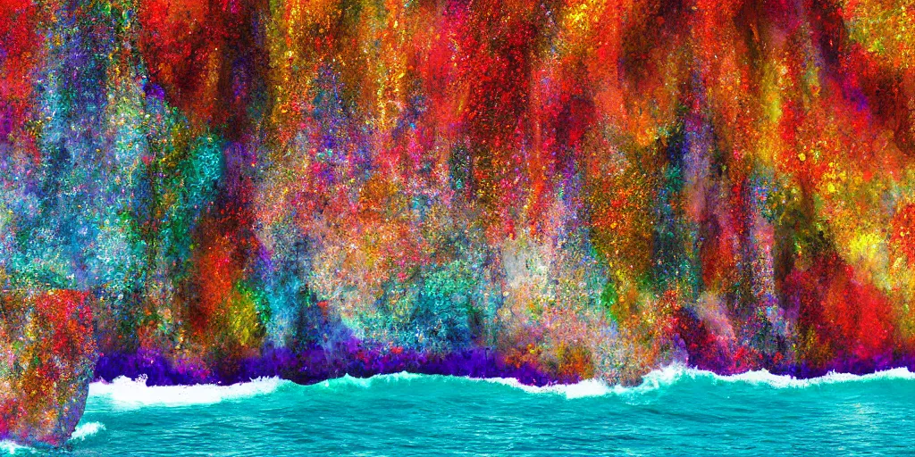 Image similar to glittering multicolored crystal cliffs, viewed from the ocean, high quality digital art,