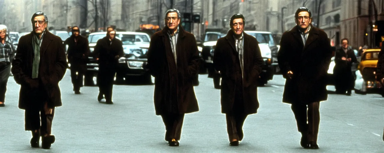Image similar to a film still of a giant Robert de Niro strolling down fifth Avenue high quality .