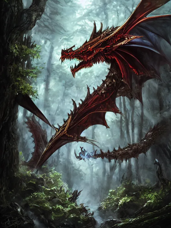 Image similar to final fantasy dragon in the woods, highly detailed, digital art, sharp focus, trending on art station, warhammer 4 0 k fantasy,