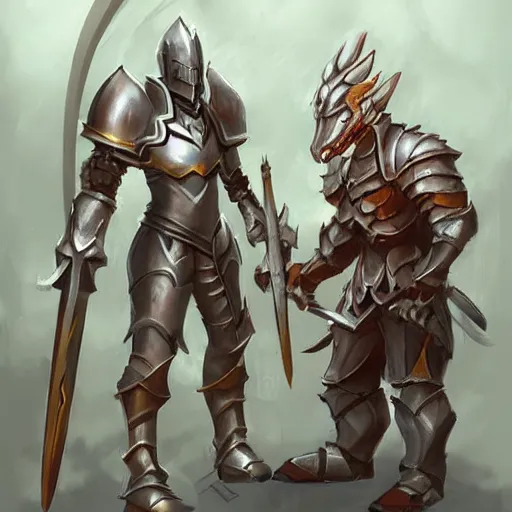 Image similar to a concept art of a strong antropomorphic dragon paladin knight with his shiny armature and a big war hammer. orb light