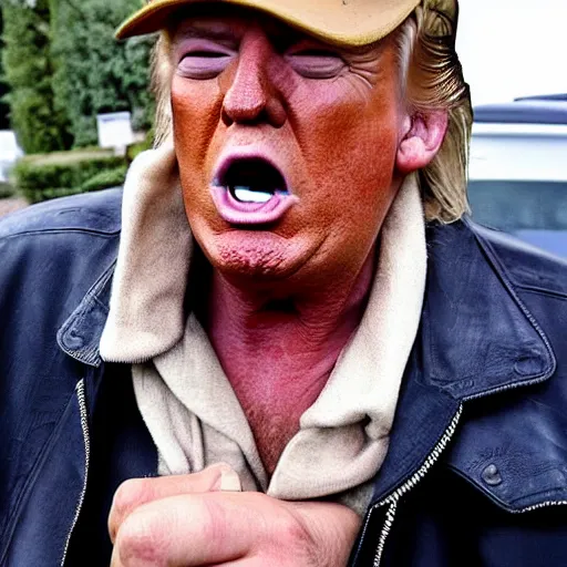 Image similar to donald trump dressed as a homeless man living in the slums