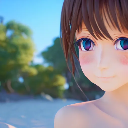 Image similar to Render of a very beautiful 3d anime girl, long hair, hazel eyes, cute freckles, full round face, short smile, cute sundress, golden hour, serene beach setting, medium shot, mid-shot, highly detailed, trending on Artstation, Unreal Engine 4k