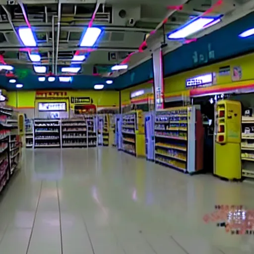 Prompt: abandoned robot android factory in a convenience store, damaged camcorder video