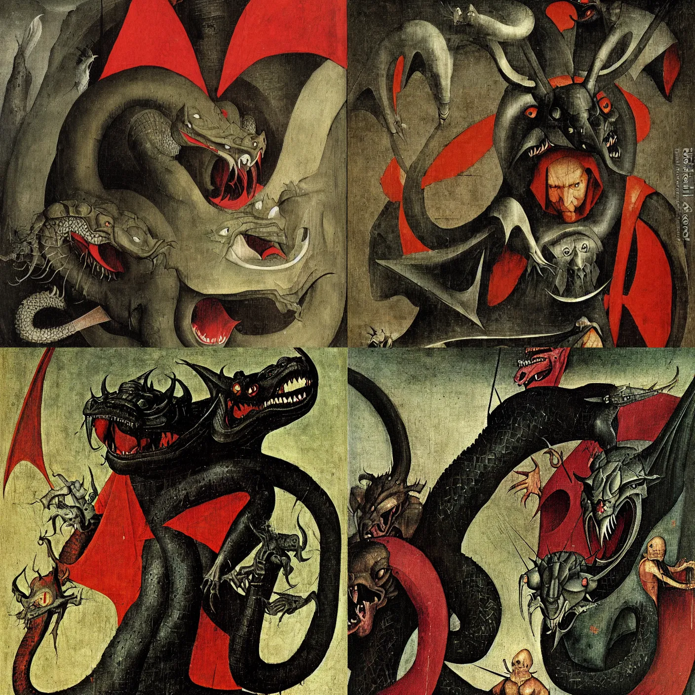 Prompt: A portrait of Venger, the force of evil battling Tiamat, the 5 headed dragon by Hieronymus Bosch