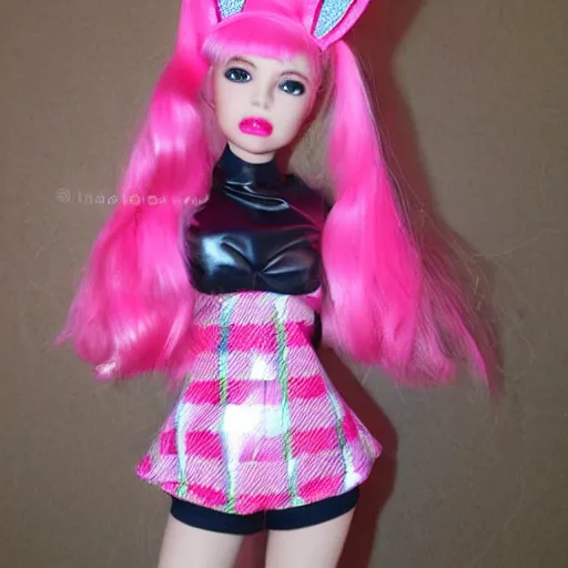 Image similar to anime barbie doll, leather bunny costume bodysuit, playboy, rabbit ears, plaid tights, full length, raspberry banana color, lace