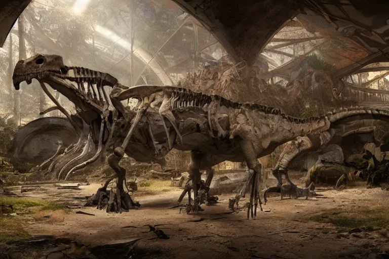 Prompt: abandoned dinosaur museum, gigantic dinosaur skeletons, cinematic, craig mullins, 8 k