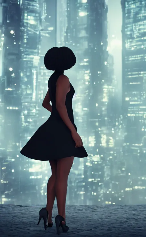 Image similar to an elegant Black woman in dress and heels, her back is to us, looking at a futuristic Blade Runner city, 8K