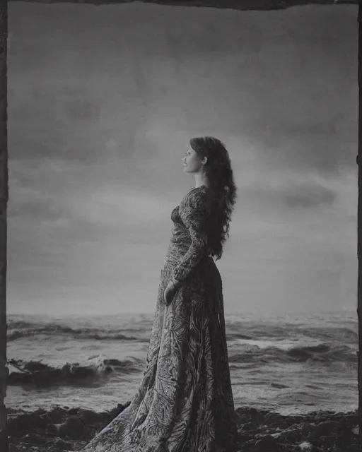 Image similar to a woman standing by the sea, made of intricate decorative lace leaf skeleton, in the style of the dutch masters and gregory crewdson, dark and moody