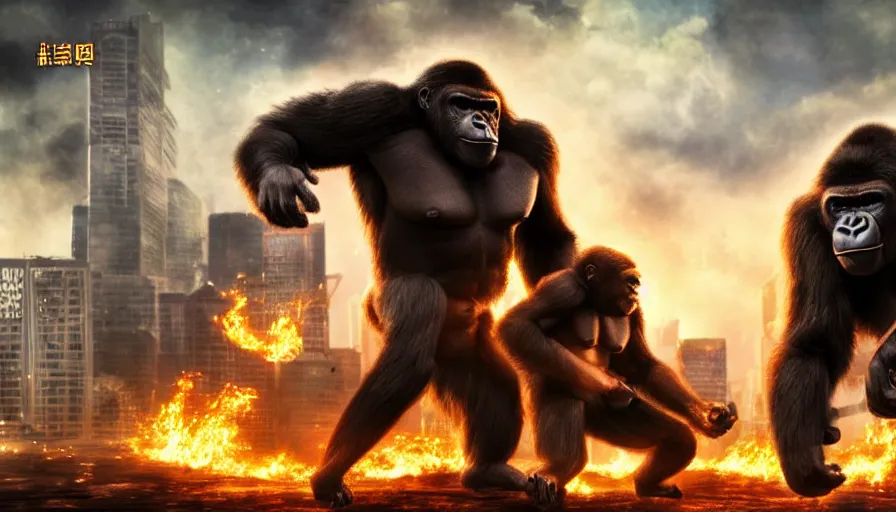 Image similar to epic concept art of hard fighting of two huge raging gorilla in burning tokyo city, cinematic composition, golden lighting, strong perspective