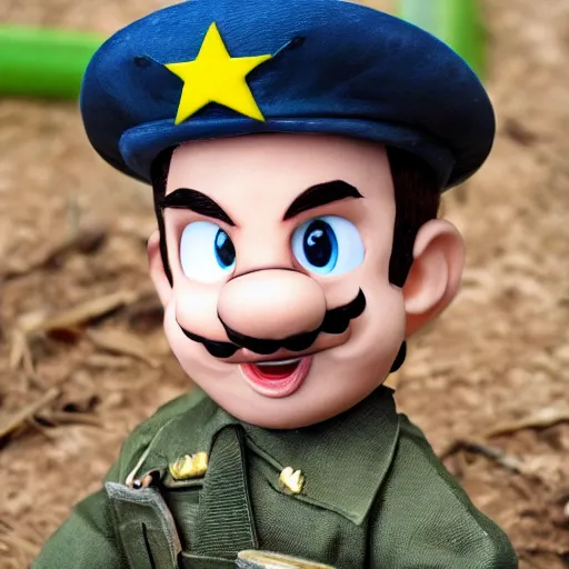 Image similar to super mario as a north vietnamese man, war hero in a trench, violent, sharp focus, hyper realistic, sony 5 0 mm lens