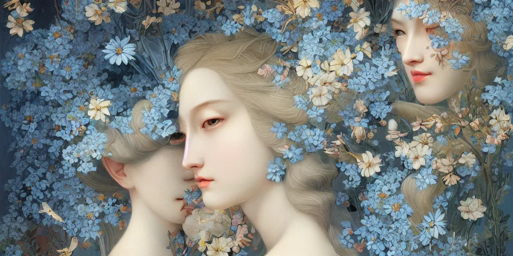 Image similar to breathtaking detailed concept art painting art deco pattern of blonde faces goddesses amalmation light - blue flowers with anxious piercing eyes and blend of flowers and birds, by hsiao - ron cheng and john james audubon, bizarre compositions, exquisite detail, extremely moody lighting, 8 k