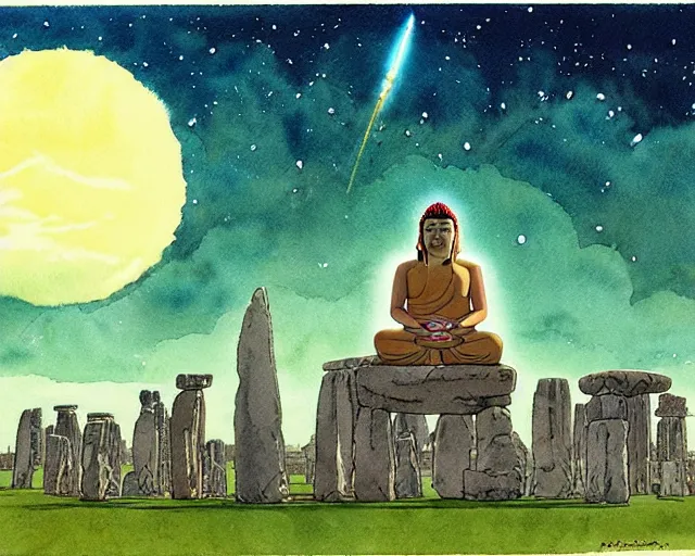 Prompt: a hyperrealist studio ghibli watercolor fantasy concept art of a giant long haired buddha in lotus position in stonehenge with a starry sky in the background. a giant rocket ship from independence day ( 1 9 9 6 ) is floating in the air. by rebecca guay, michael kaluta, charles vess