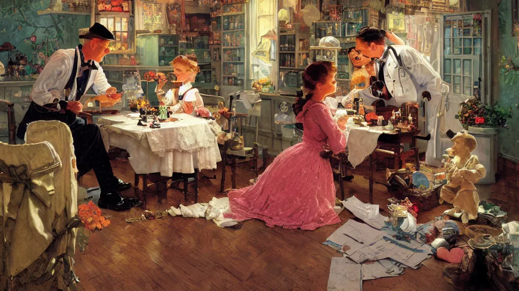 Prompt: beautiful norman rockwell the doctor and the doll, illustration by thomas kinkade, colorful, matte painting 3 - d 4 kcreative design 8 k digital art