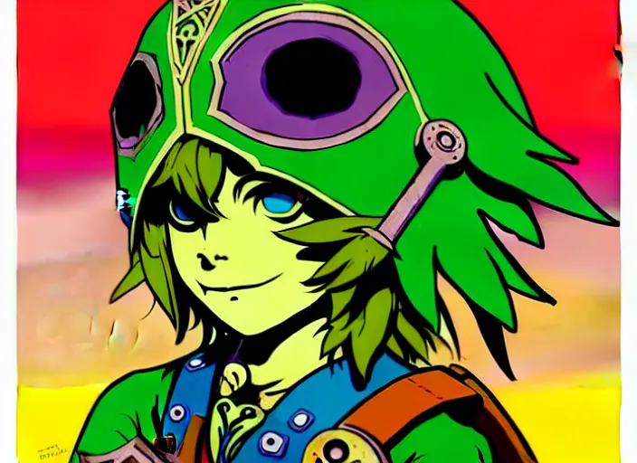 Image similar to majoras mask link!! from the legend of zelda!! portrait illustration, pop art, splash painting, art by geof darrow, ashley wood, alphonse mucha, makoto shinkai