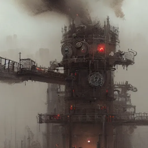 Image similar to gigantic steampunk machine, dense fog, trending on artstation, jakub rozalski