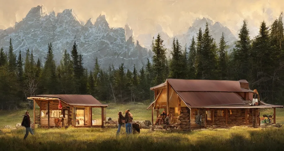 Image similar to cabela's beautiful comfortable modular pop - up insulated all terrain family dwelling, cabin,, person in foreground, mountainous forested wilderness open fields, beautiful views, painterly concept art, joanna gaines, environmental concept art, farmhouse, magnolia, concept art illustration, by james gurney, by craig mullins, by greg rutkowski trending on artstation