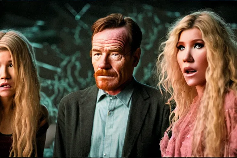 Prompt: film still of bryan cranston and kesha in cosmic horror! the musical by david cronenberg, budapest street background, 3 5 mm film, atmospheric, ultra fine detail, film grain, photorealistic, hyperrealistic