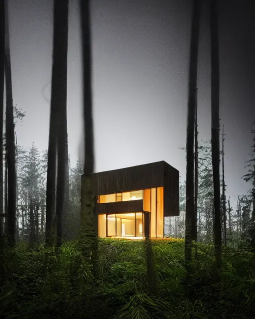 Image similar to an exquisite wooden house in the middle of a lush forest at night, minimalist design, architectural photography, dark and dim lighting, beautiful, tranquil, moody, cinematic, fantasy, 3 5 mm lens, volumetric lighting, first person view, photographic render, hyper realistic