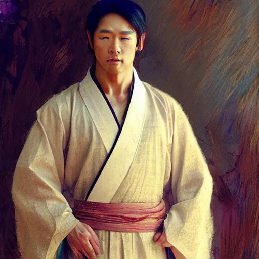 Prompt: a man wearing hanfu, muscular, detailed face, correct face, painting by Gaston Bussiere, Craig Mullins