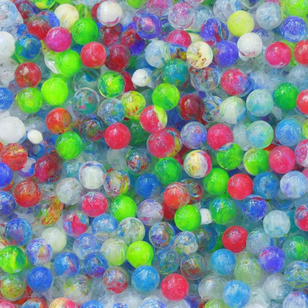 Image similar to 20 marbles big and small covered in thick transparent slime