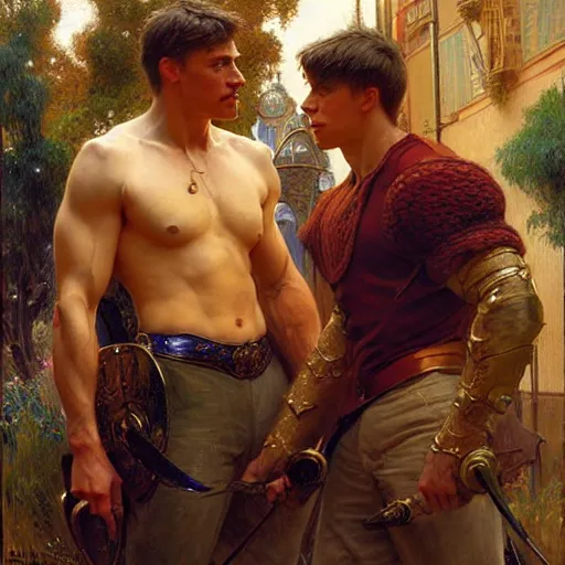 Image similar to attractive muscular arthur pendragon and muscular attractive merlin go to a pub together to have some drinks. highly detailed painting by gaston bussiere, craig mullins, j. c. leyendecker, alphonse mucha 8 k