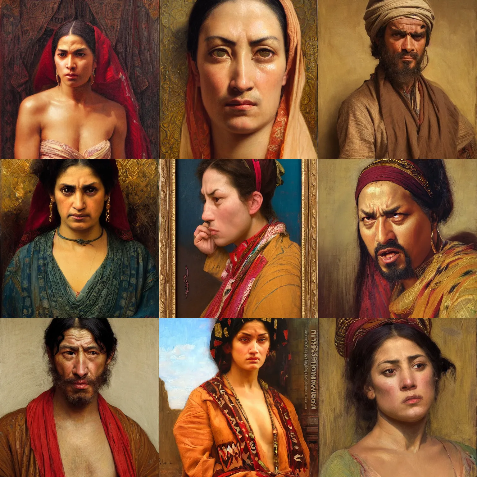 Prompt: orientalism seething angry face portrait by Edwin Longsden Long and Theodore Ralli and Nasreddine Dinet and Adam Styka, masterful intricate art. Oil on canvas, excellent lighting, high detail 8k