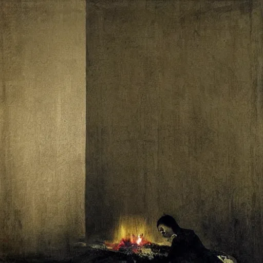 Image similar to a striking hyper real painting of Elle Fanning with cybernetics by Goya, night, fire lit,