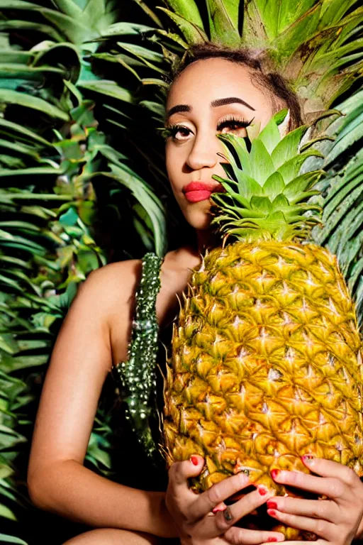 Image similar to doja cat as a dole pineapple, human face in the shape of a pineapple, professional food photography, dole pineapple