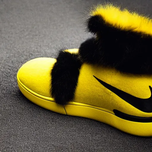 Image similar to nike model shoe made of very fluffy yellow and black faux fur placed on reflective surface, pikachu colors professional advertising, overhead lighting, heavy detail, realistic by nate vanhook, mark miner