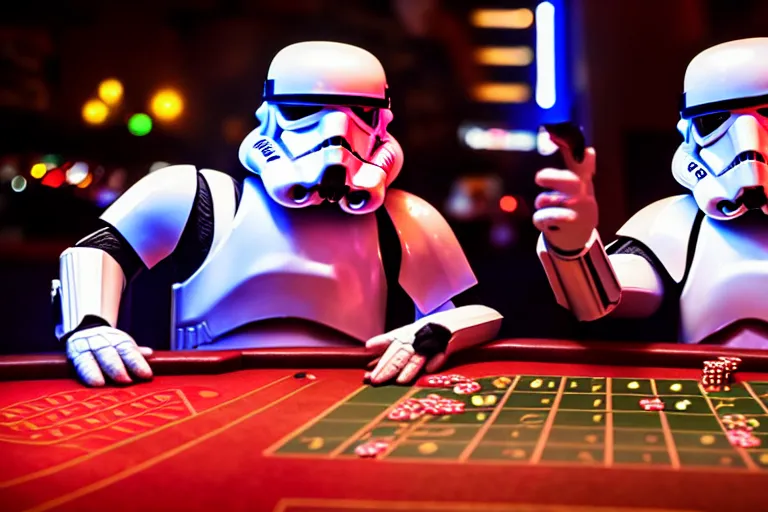 Image similar to a photo of two stormtroopers playing craps in las vegas, wide shot, 3 5 mm, bokeh, blurred background, colorful lights