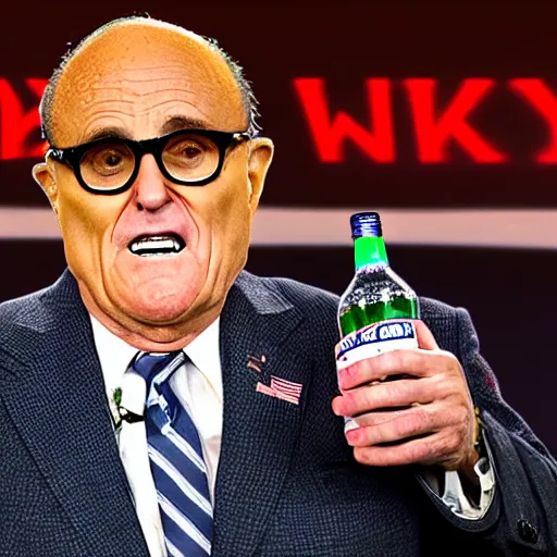 Prompt: news still of a drunk rudy giuliani holding a bottle, 4 k, professional