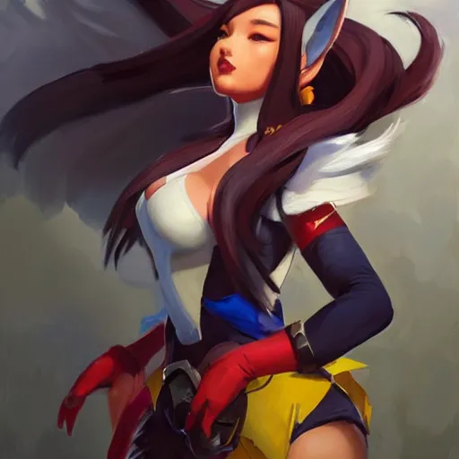 Image similar to greg manchess portrait painting of ahri as overwatch character, medium shot, asymmetrical, profile picture, organic painting, sunny day, matte painting, bold shapes, hard edges, street art, trending on artstation, by huang guangjian and gil elvgren and sachin teng