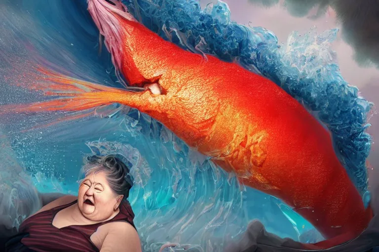 Prompt: of a very beautiful scene. ambient occlusion render. a sweet fat old woman is giving a birth to a huge colorful fish. hyper realistic. 4 k. wide angle. wild happiness. symmetrical face, red mouth, blue eyes. deep focus, lovely scene. ambient occlusion render. concept art. artstation. unreal engine.