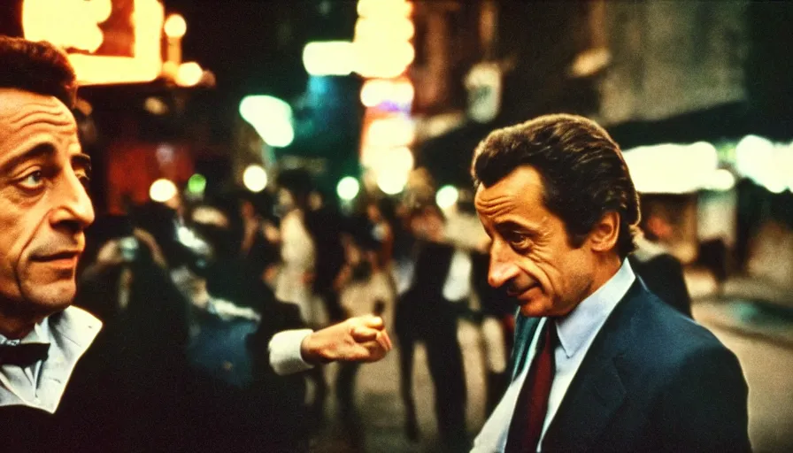 Image similar to 70s movie still of one Nicolas Sarkozy with cocaine , cinestill 800t 18mm heavy grain, cinematic, dramatic dark lighning, brooklyn neon boards