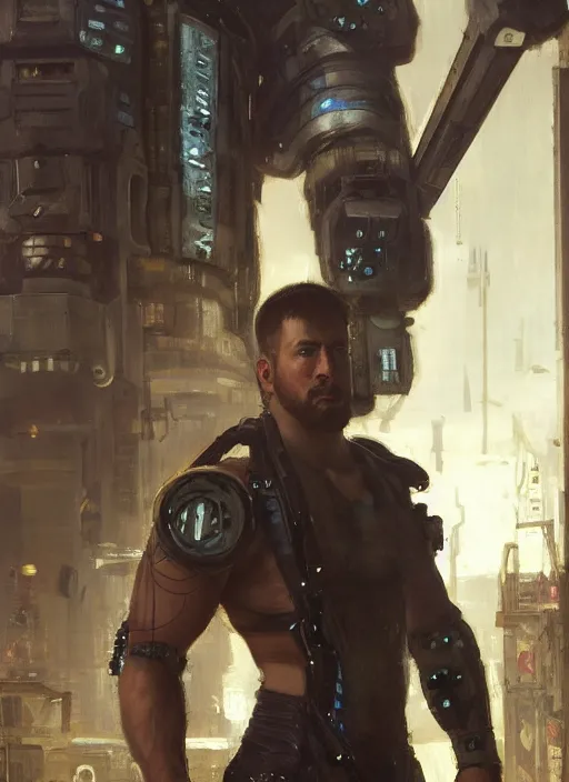 Image similar to weightlifter with super large robot arms. cyberpunk mercenary in a military vest ( blade runner 2 0 4 9, cyberpunk 2 0 7 7 ). orientalist portrait by john william waterhouse and james gurney and theodore ralli and nasreddine dinet, oil on canvas. cinematic, hyper realism, realistic proportions, dramatic lighting, high detail 4 k