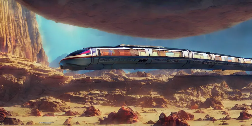 Prompt: concept art cnn monorail shonan in martian landscape, lower, brutalism, colorful, syd mead, norman rockwell matte painting, 4 k resolution, medium full shot, octane render, intricate, ultra detailed, volumetric lighting, cinematic lighting + masterpiece