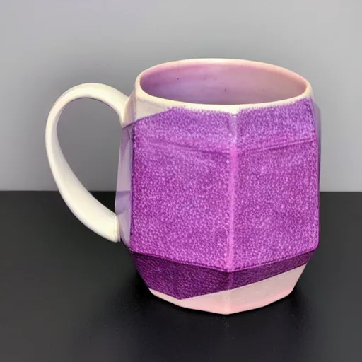 Image similar to avant - garde geodesic triangle ceramic mug with pink and purple pearlescent glaze