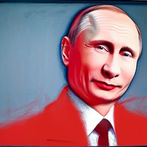 Image similar to in the style of gottfried helnwein. a smiling vladimir putin in red light. from above. shallow focus.