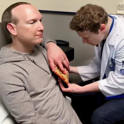 Prompt: after billy corgan throws up on mark zuckerberg's shoes, zuckerberg takes corgan to a doctor to get checked out. the doctor examines him, and gives him a diagnosis : / you've been eating too much pizza / cinematic 8 k'