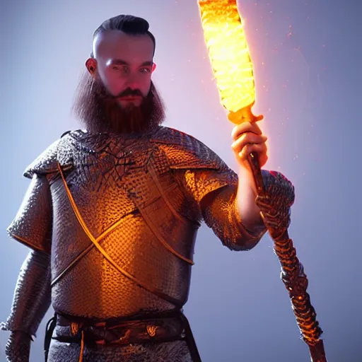 Prompt: William Shakespeare wearing chainmail tunic holding a glowing fire magical staff. Trending on Artstation, octane render, ultra detailed, art by Ross tran