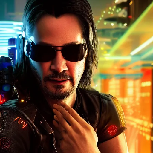 Image similar to young Keanu Reeves portrait, Cyberpunk 2077, photorealistic, ultra detailed, cybernetic body, neon, octane, bokeh, 8k