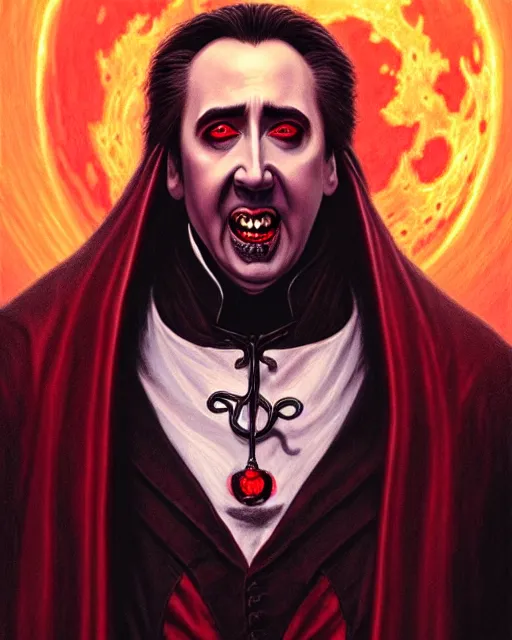 Image similar to nicolas cage as dracula, blood moon, highly detailed, centered, artstation, concept art, smooth, sharp focus, illustration, bokeh art by artgerm and donato giancola and joseph christian leyendecker