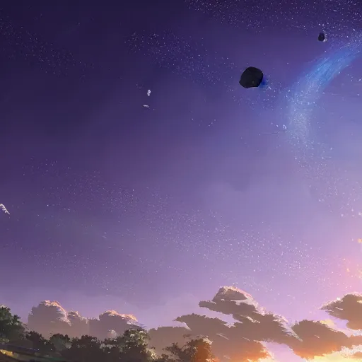 Image similar to Night sky with many meteorites, concept art, 4k, highly detailed, by Makoto Shinkai
