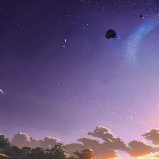 Prompt: Night sky with many meteorites, concept art, 4k, highly detailed, by Makoto Shinkai