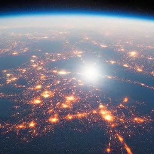 Prompt: a view from deep space of earth, half of the planet is invisible and half shows the lights of cities