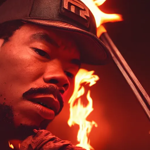 Image similar to cinematic film still of Chance The Rapper starring as a Samurai holding fire, Japanese CGI, VFX, 2022, 40mm lens, shallow depth of field, film photography