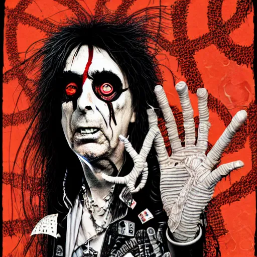 Image similar to graphic illustration, creative design, alice cooper, biopunk, francis bacon, highly detailed, hunter s thompson, mixed media