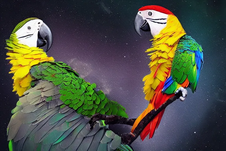 Image similar to “Portrait of a parrot” wearing a beautiful Costume , on a dark nebula background” digital Art, concept Art, highly detailed, 3-D 4K, trending on art station, Award winning, Alexander Hamilton style,