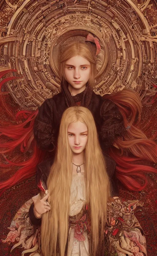 Image similar to full body shot of a young girl with blond twin tail hair and red eyes standing in front of a tapestry, ultra realistic, concept art, intricate details, eerie, highly detailed, photorealistic, octane render, 8 k, unreal engine, art by artgerm and greg rutkowski and alphonse mucha